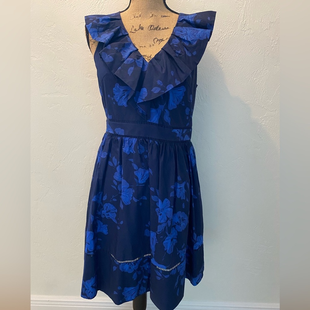 kate spade Navy and Royal Blue Floral Ruffle V-Neck Mini Dress